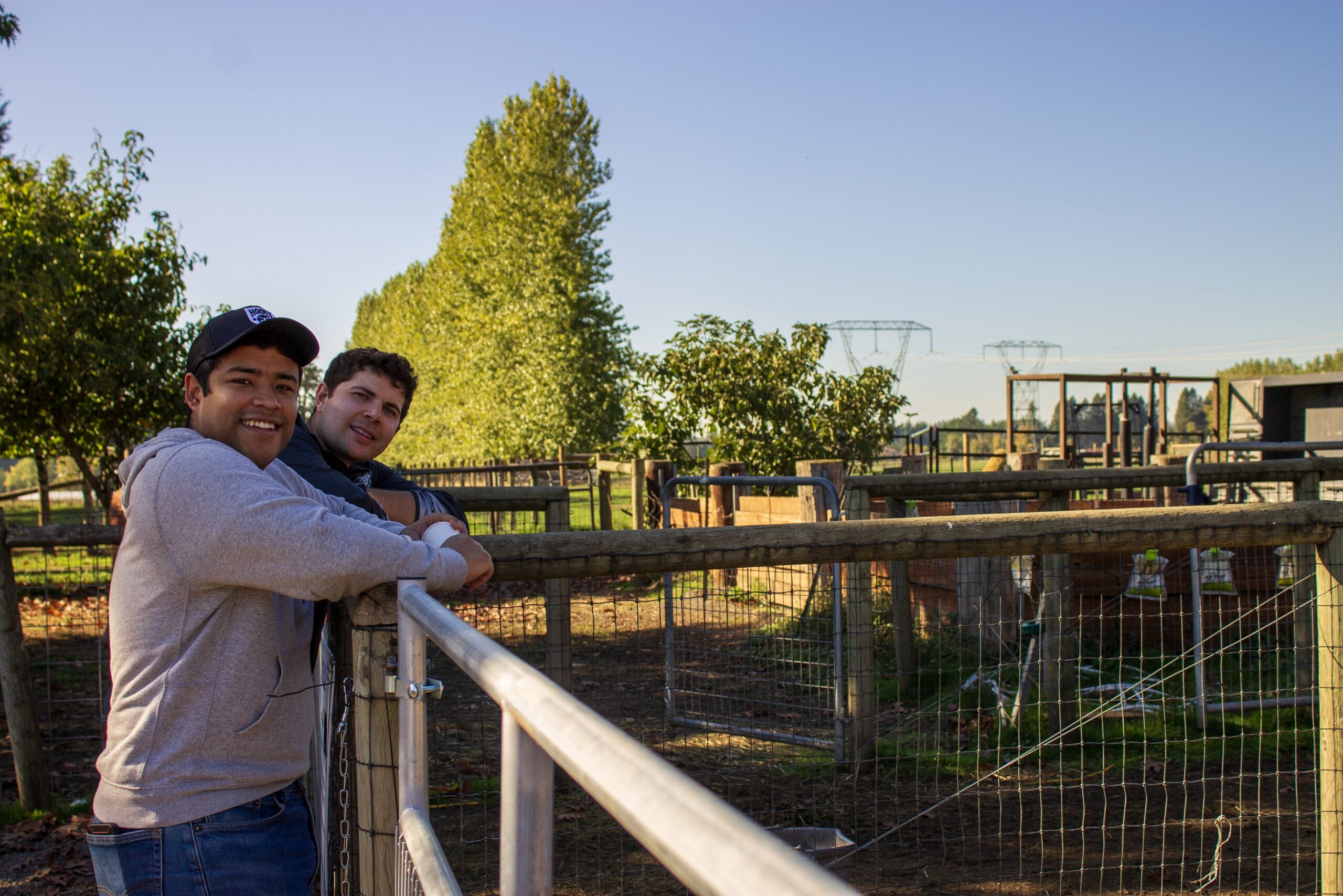 Two boys standing holding the fence and smiling